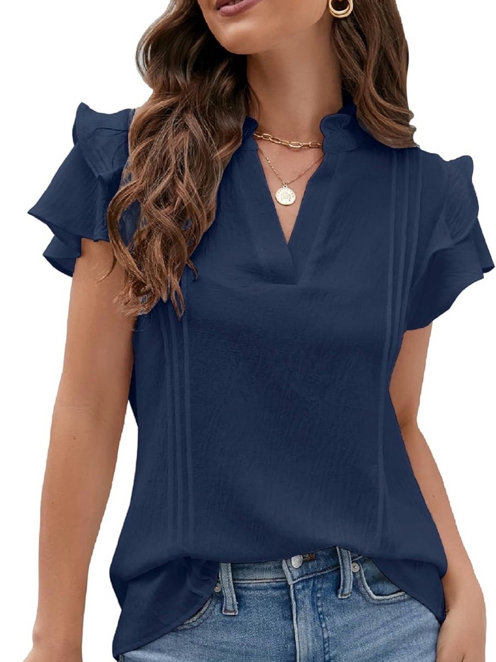 Navy Blue Women’s Pintuck V-Neck Ruffle Sleeve Blouse